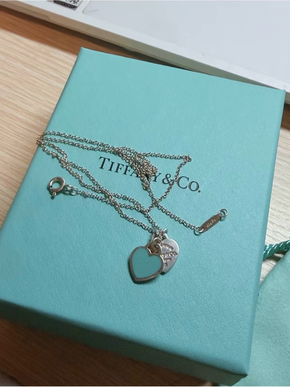 Tiffany & Co. Return Silver mini Heart Pendant Necklace 16 - Blue Ename